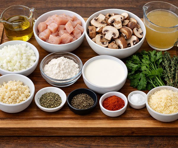 Ingredients arranged on a tray for warm and creamy chicken mushroom soup including chicken, mushrooms, cream, broth, herbs, and seasonings.