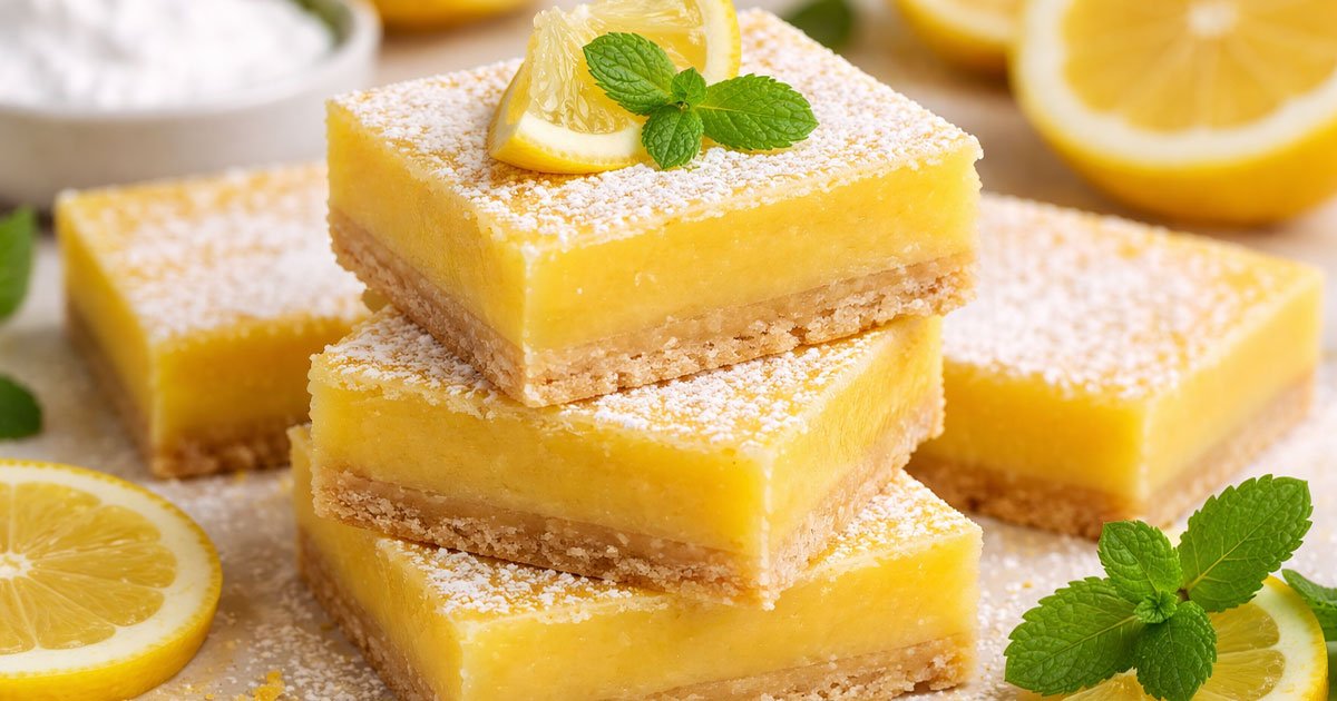 Keto lemon bars stacked with creamy filling and almond crust, dusted with powdered sweetener, lemon slices and mint garnish.