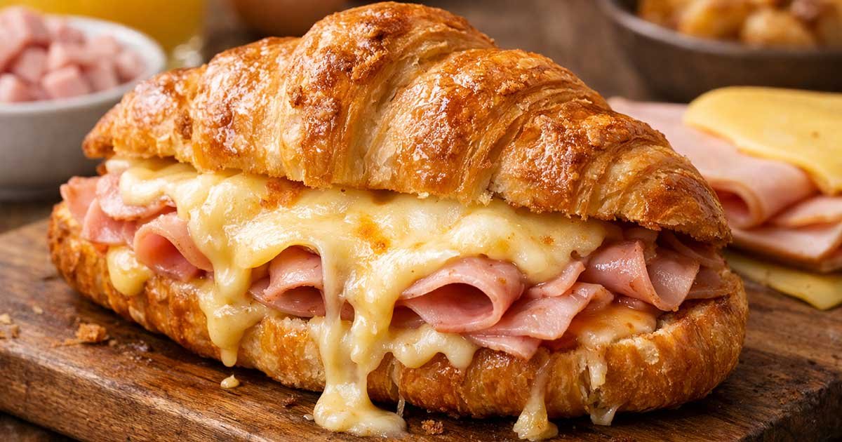 Cheesy ham croissant with melted cheese on wooden board