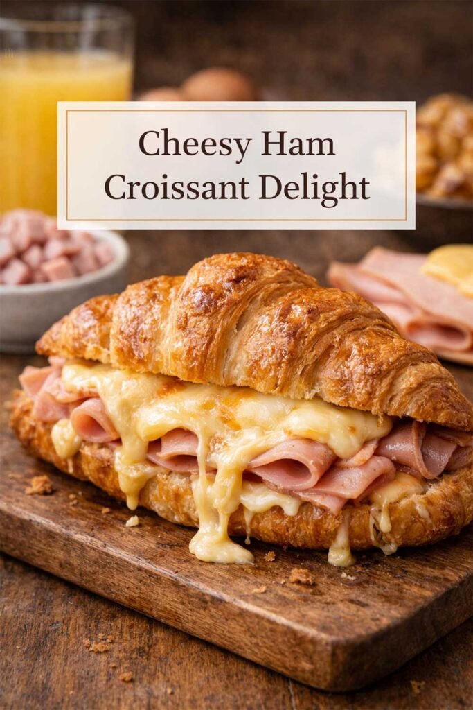 Cheesy ham croissant with melted cheese and centered title box