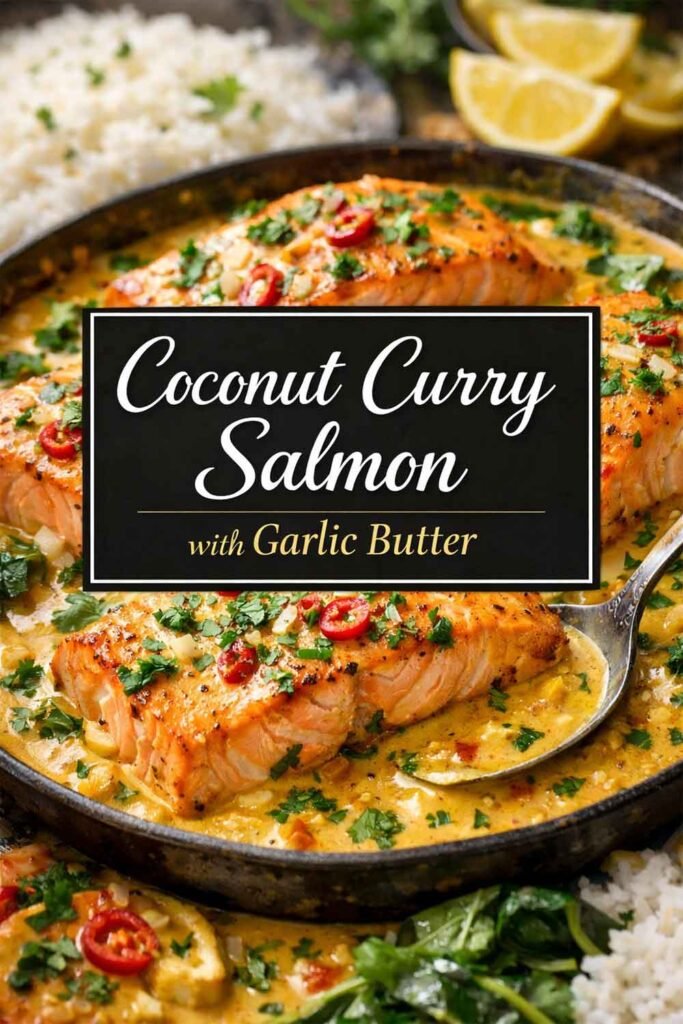 Coconut curry salmon in a pan with herbs and chili slices, featuring a centered text box with the dish name.