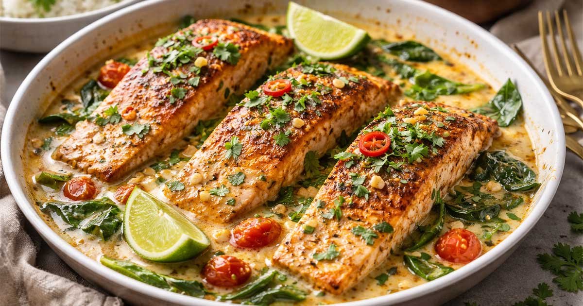 Coconut curry salmon with garlic butter, herbs, and lime.