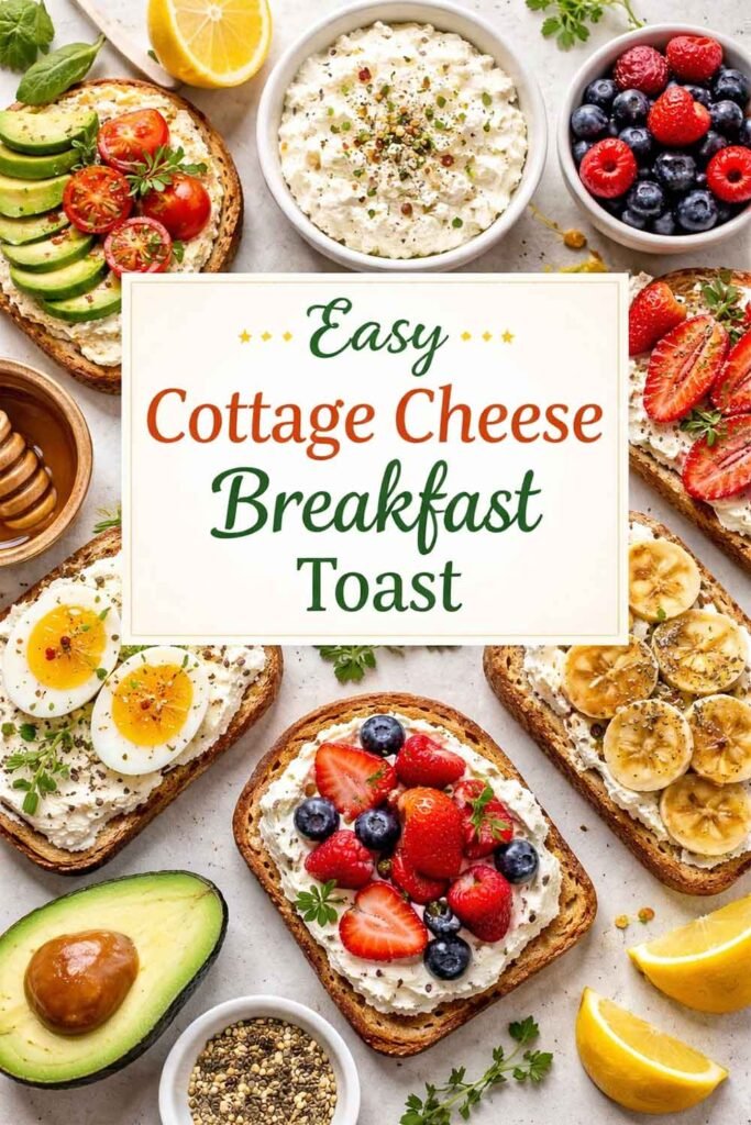 Cottage cheese breakfast toast varieties with fruit, avocado, and eggs, centered title text.
