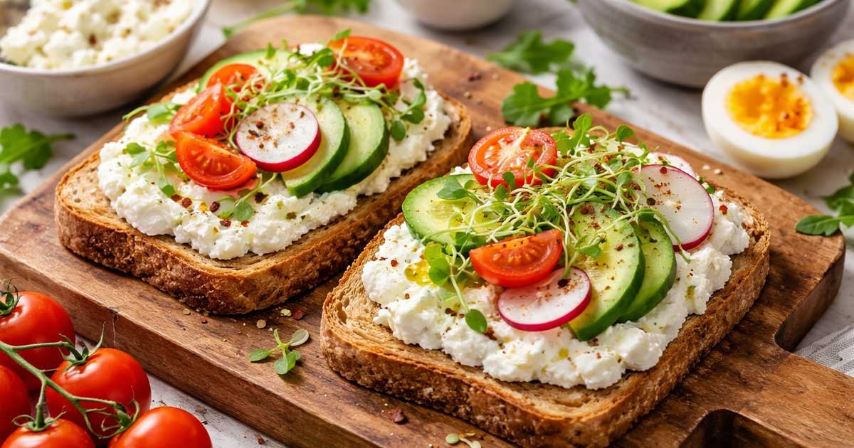 Cottage cheese toast topped with cucumber, radish, cherry tomatoes, and microgreens on whole grain bread.