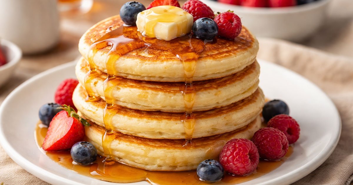 Fluffy stack of golden pancakes topped with melting butter, maple syrup drizzle, and fresh berries on a white plate.