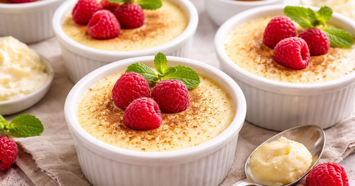 Creamy keto custard in white ramekins topped with raspberries, mint, and cinnamon.