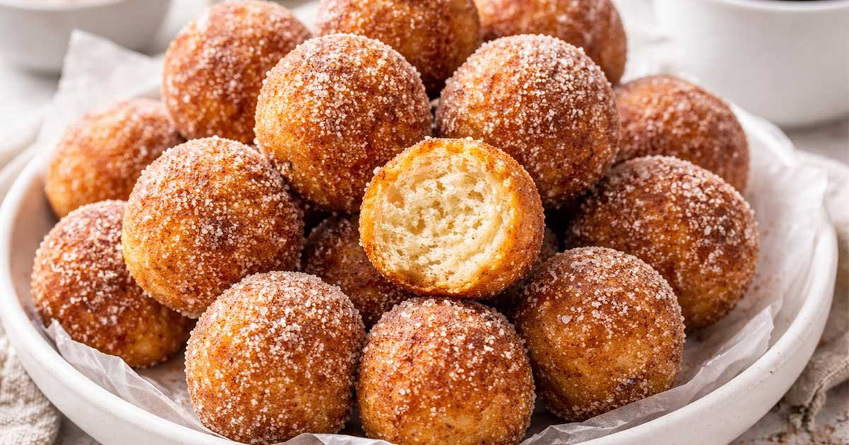 Plate of golden keto donut balls coated in cinnamon sweetener, one cut open showing soft fluffy center.