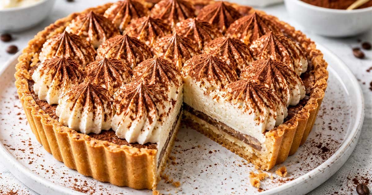 Easy keto tiramisu tart with creamy mascarpone swirls and cocoa dusting on a golden crust, slice removed on white plate.