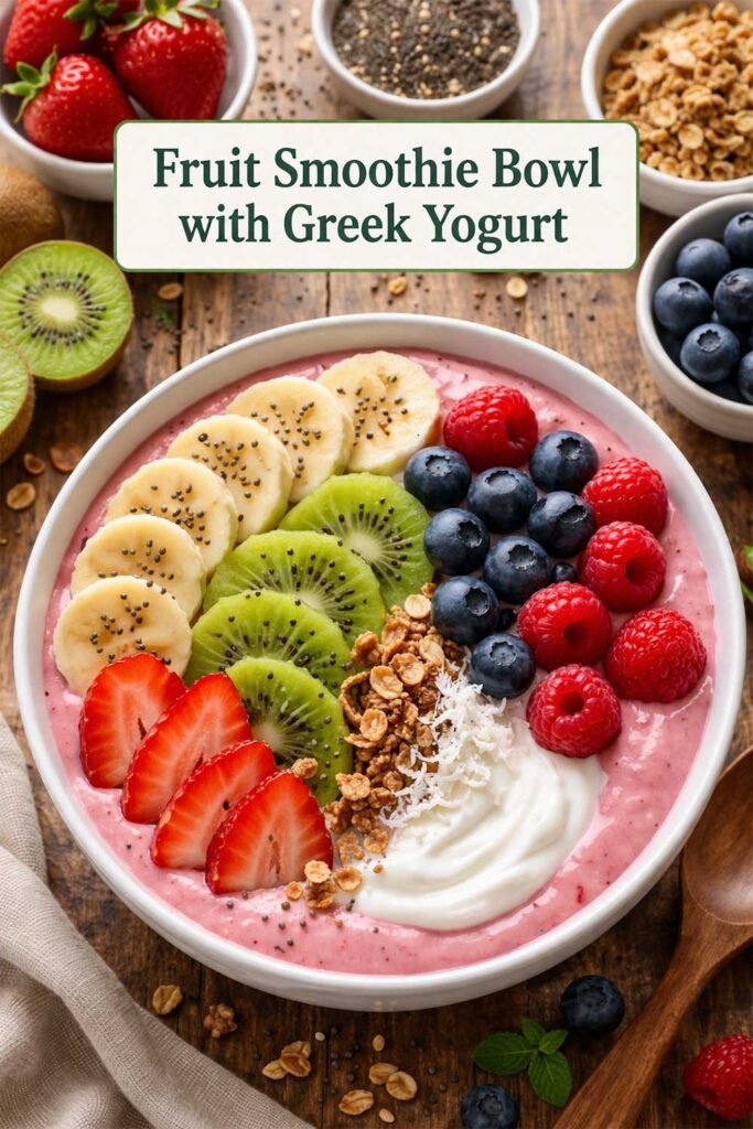 Smoothie bowl with fruit toppings and title text in a center box.