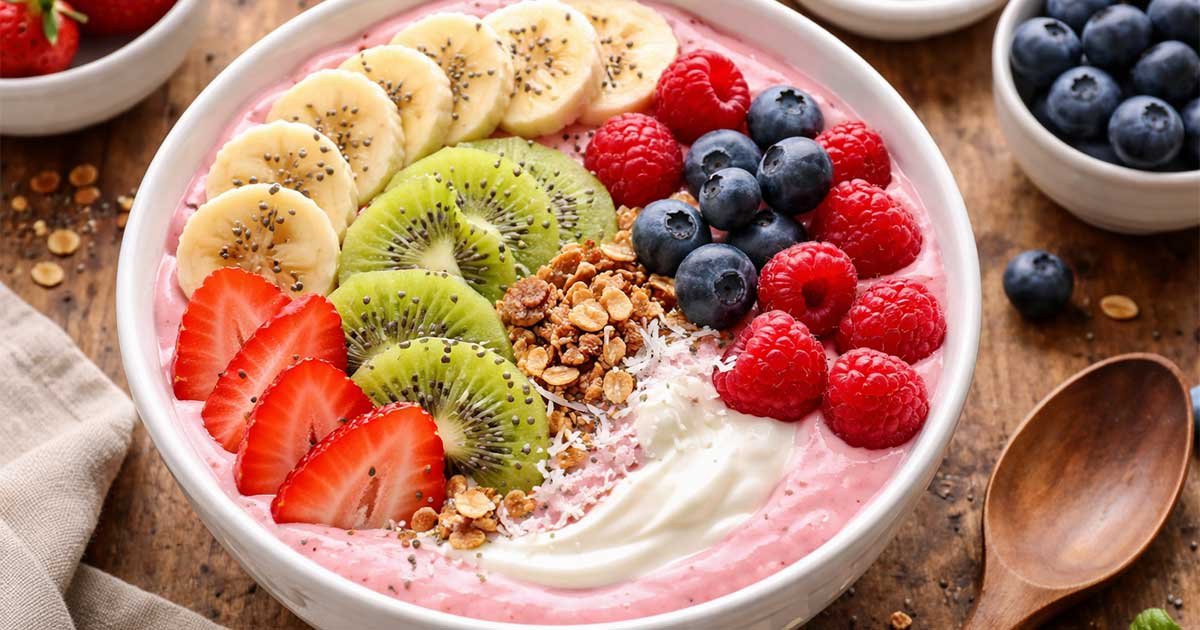 Fruit smoothie bowl with fresh berries, banana, kiwi, granola, and Greek yogurt.