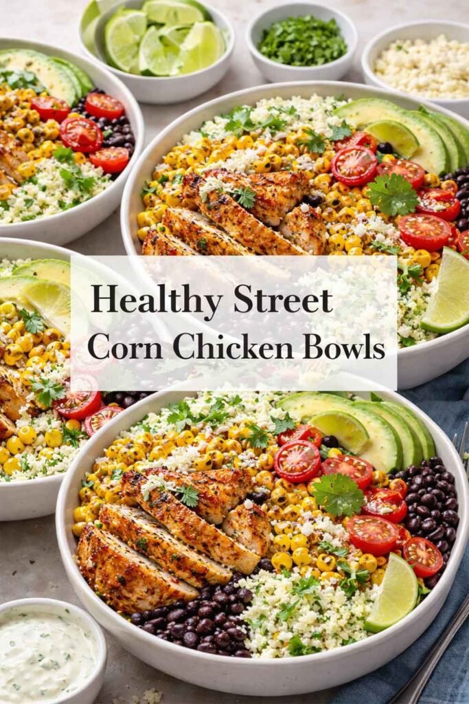 Street corn chicken bowls with title overlay in center.