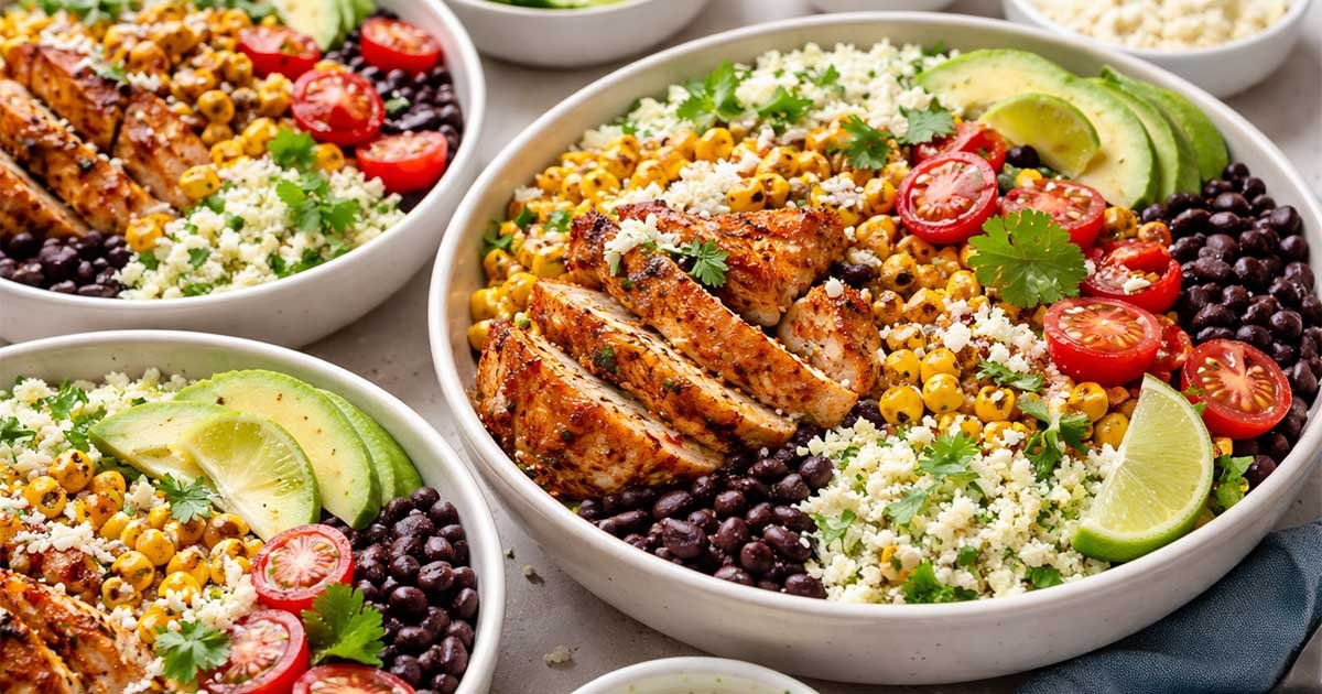 Healthy street corn chicken bowls with grilled chicken, corn, black beans, avocado, and rice.