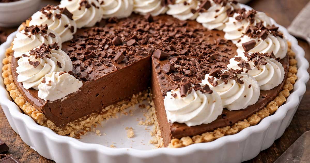 Keto French silk pie topped with whipped cream swirls and chocolate shavings, with one slice removed in a white pie dish.