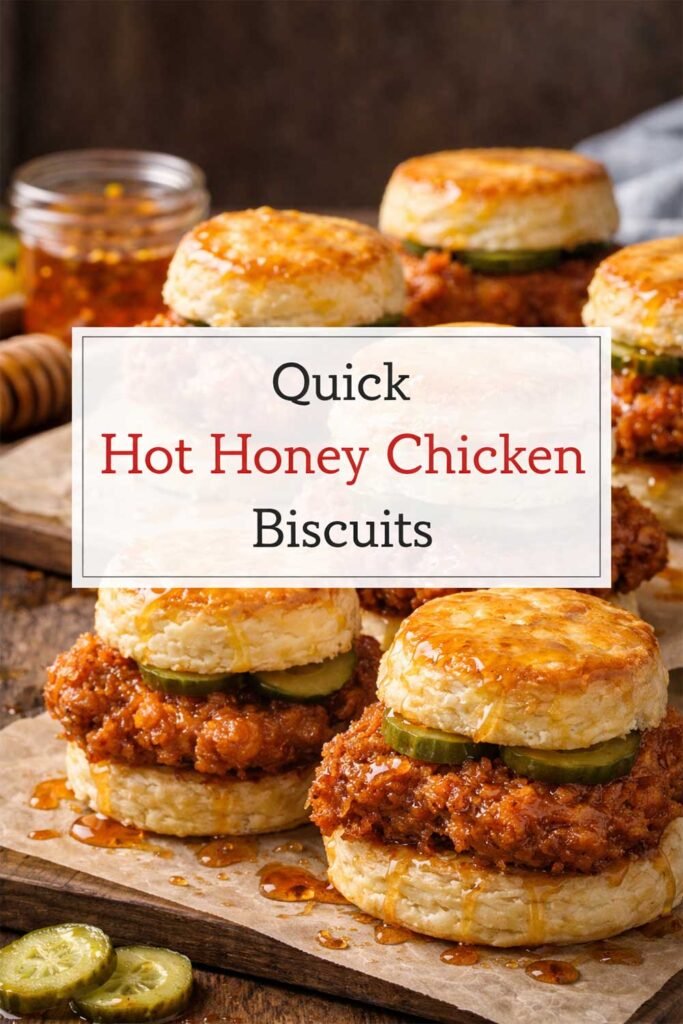 Hot honey chicken biscuits with title overlay.