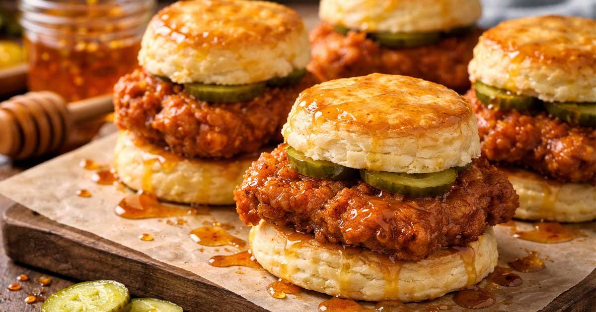 Hot honey chicken biscuits with pickles and honey drizzle.