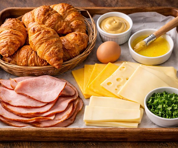 Tray with croissants, ham, cheese, egg, butter, mustard, and herbs