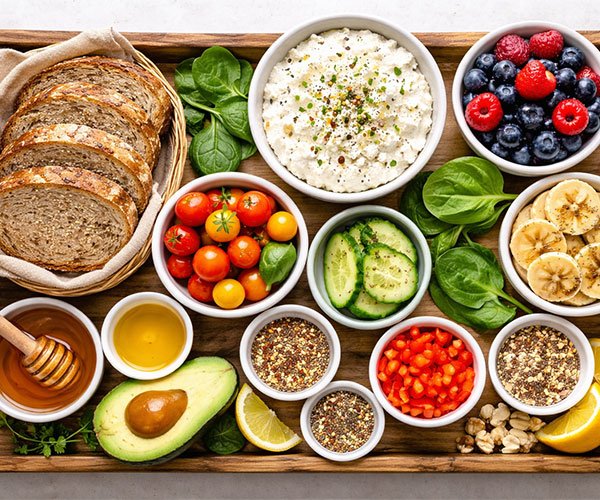 Tray with bread, cottage cheese, fruits, veggies, honey, and seeds.