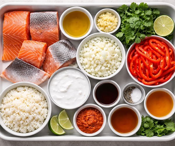 Tray with salmon, coconut milk, veggies, and curry ingredients.