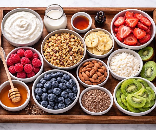 Tray with yogurt, fruits, granola, nuts, seeds, milk, and honey.