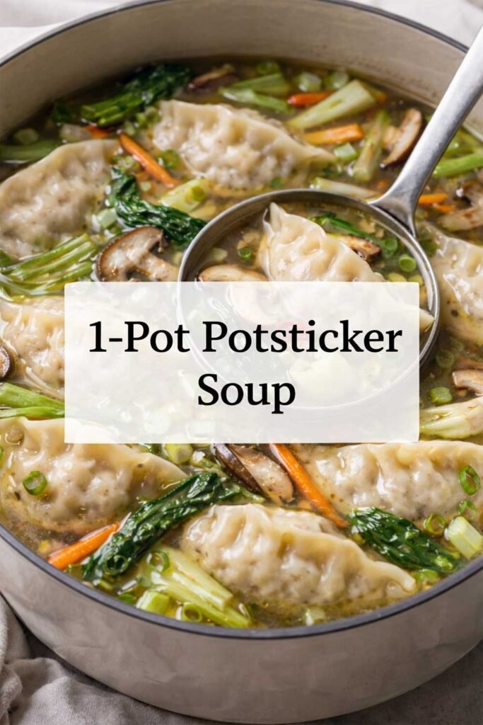 Pot of dumpling soup with vegetables and title text overlay.