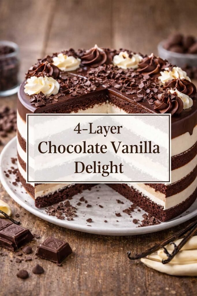 Four-layer chocolate vanilla cake with center label text on rustic wooden background.