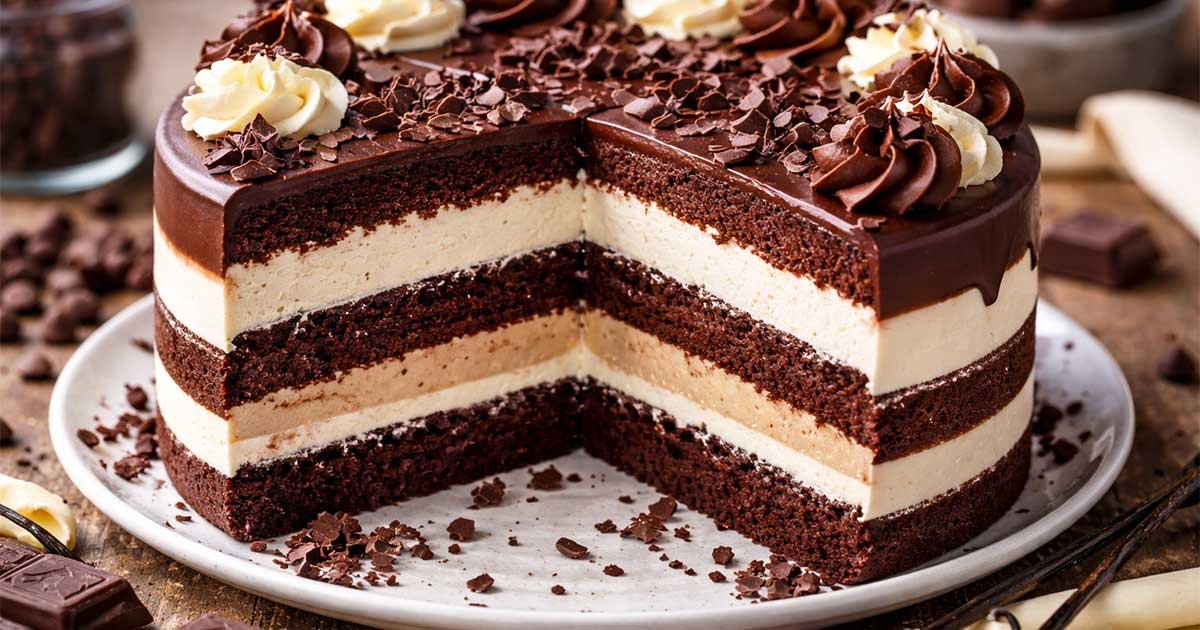 Four-layer chocolate and vanilla cake with rich ganache topping and cream layers on a white plate.
