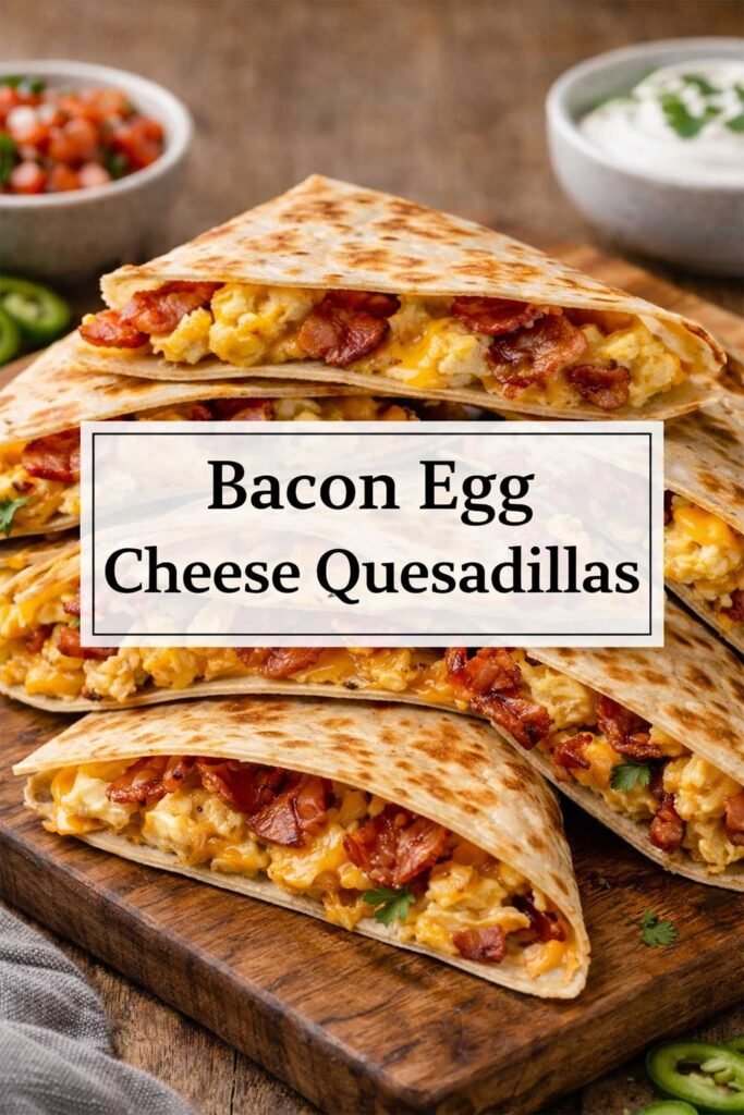 Bacon egg cheese quesadillas with title text in center box
