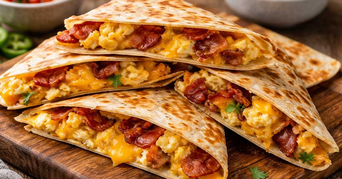 Bacon egg cheese quesadilla slices with melted cheese and crispy bacon