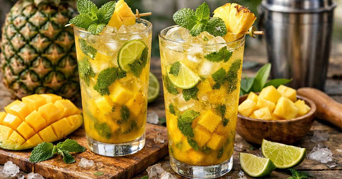 Two mango pineapple mojito mocktails with mint, lime, and ice in tall glasses.