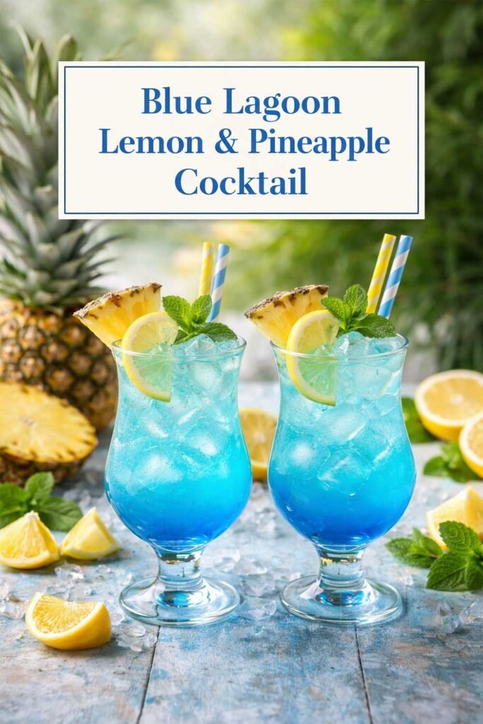 Blue Lagoon lemon pineapple cocktail poster with title text and tropical drink glasses.