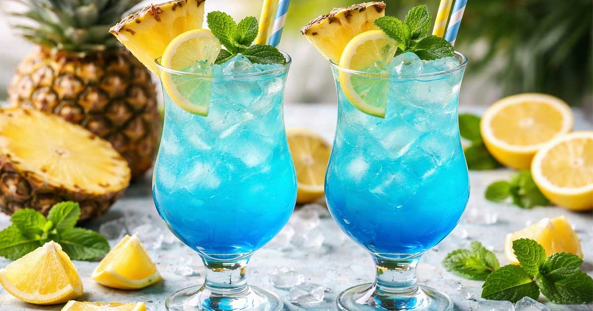 Blue Lagoon lemon pineapple cocktail in tall glasses with ice, mint, lemon slices, and pineapple garnish.
