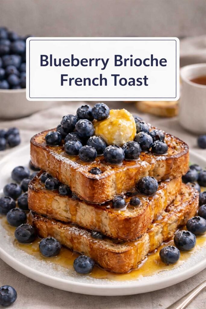 Blueberry brioche French toast stack with syrup and butter, topped with a centered label reading the dish name.