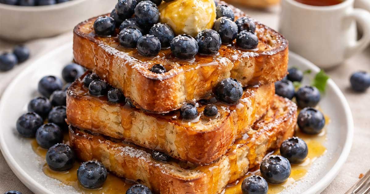 Stack of golden brioche French toast topped with fresh blueberries, butter, powdered sugar, and maple syrup on a white plate.