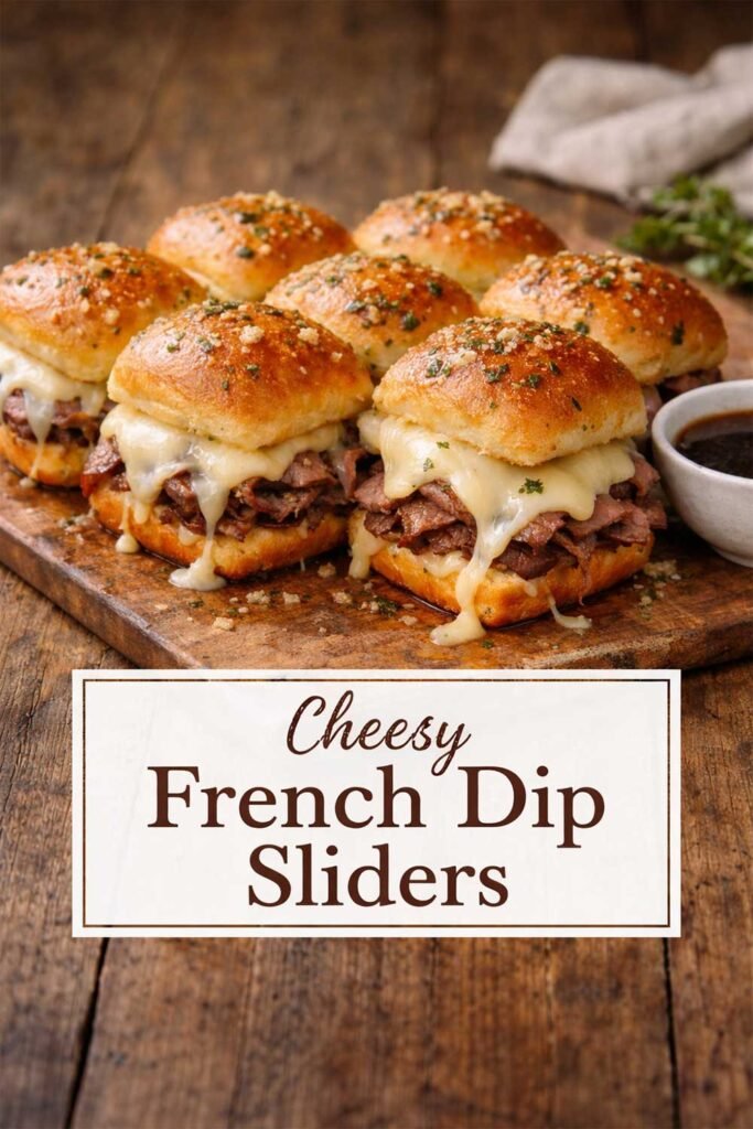 Cheesy French Dip Sliders on toasted buns with melted provolone and roast beef, labeled in center box.