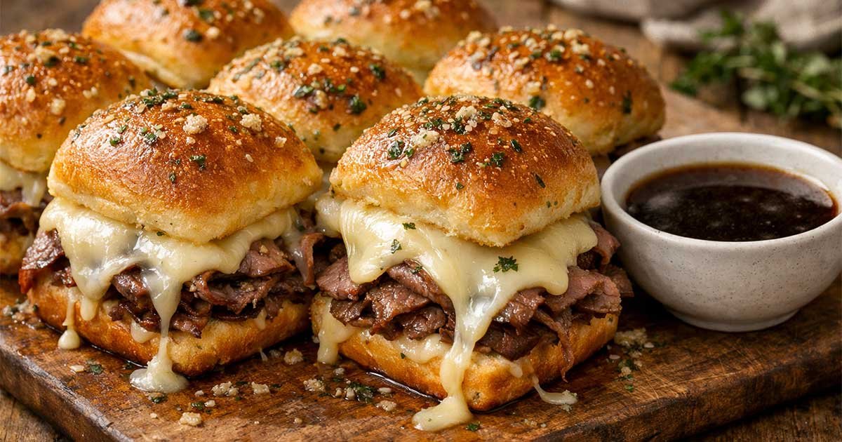 Cheesy French dip sliders with roast beef and melted provolone served with au jus dipping sauce.