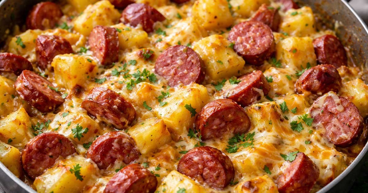 Cheesy ranch potatoes with smoked sausage in a skillet, topped with melted cheese and parsley.
