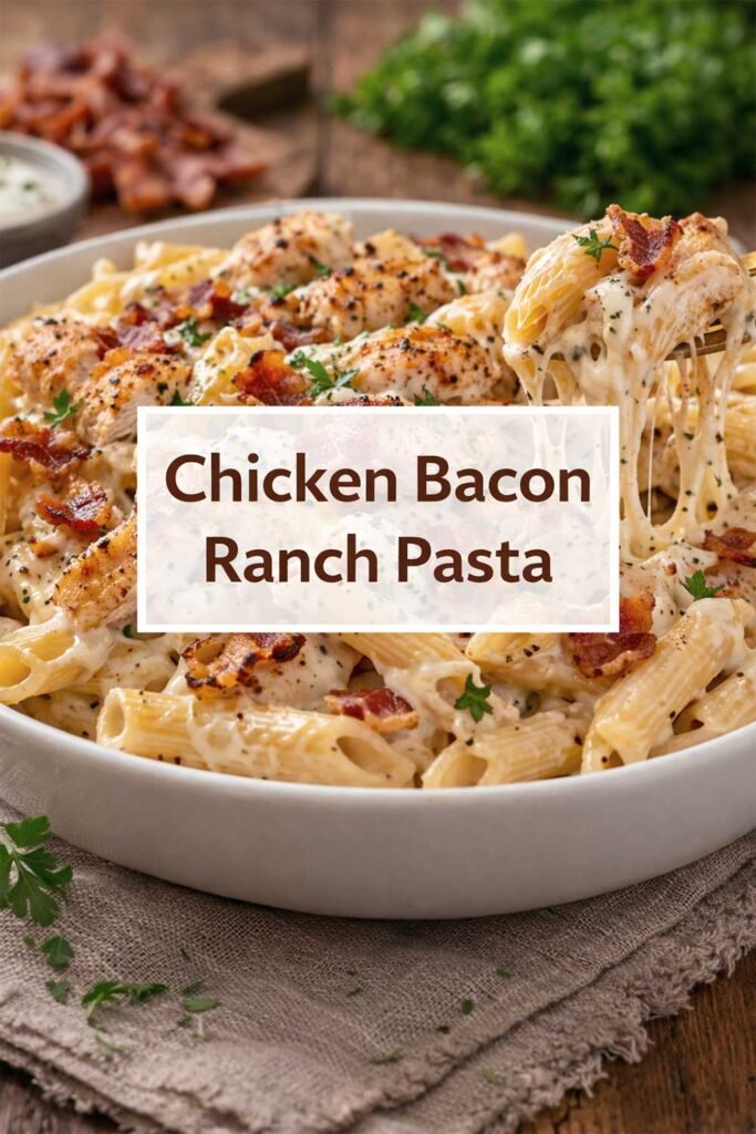 Chicken bacon ranch pasta with melted cheese in bowl and title overlay.