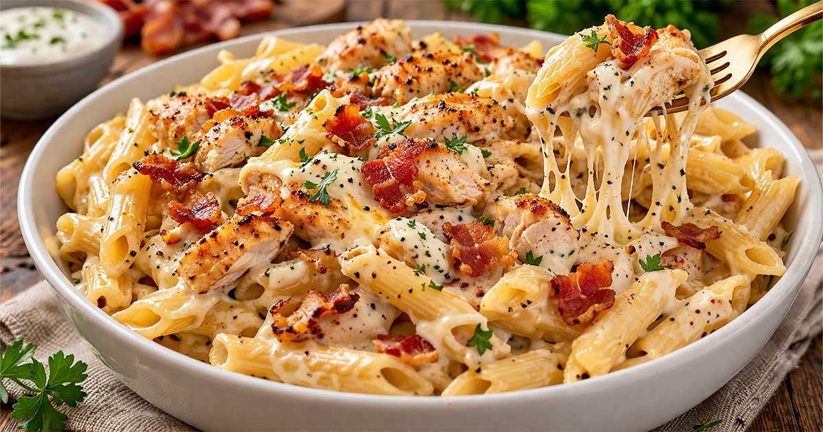 Creamy chicken bacon ranch pasta with melted cheese and parsley in a white bowl.