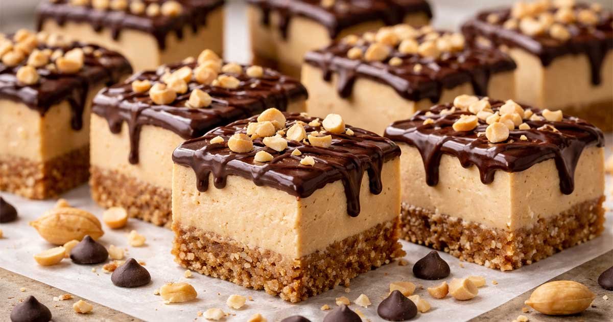 Keto peanut butter cheesecake bites with chocolate drizzle and crushed nuts