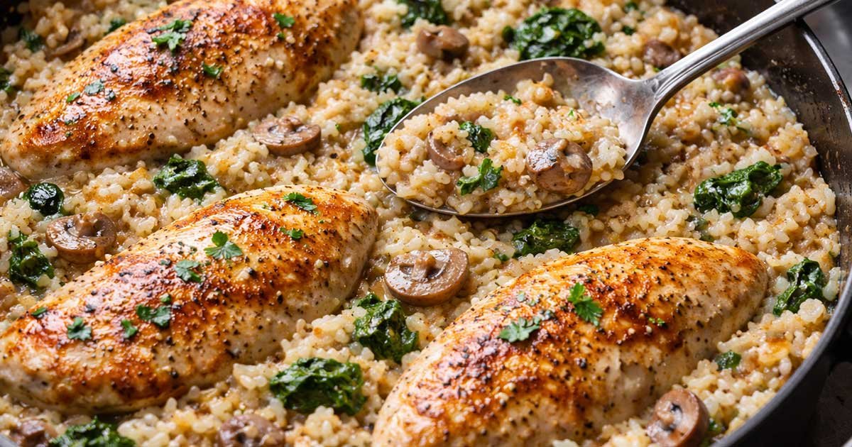 Creamy smothered chicken with rice in a pan, garnished with mushrooms and spinach.