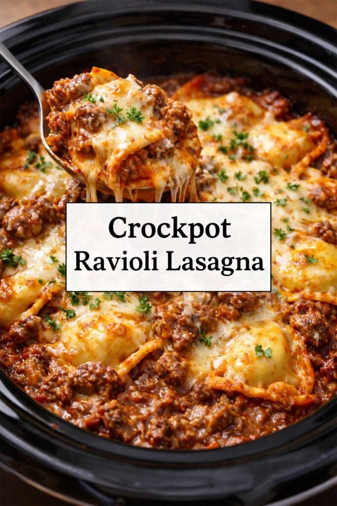 Crockpot ravioli lasagna with melted cheese and meat sauce in slow cooker
