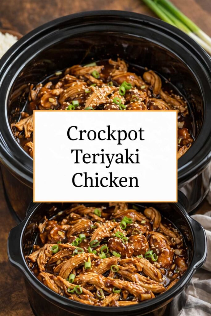 Crockpot teriyaki chicken with glossy sauce and green onion garnish, labeled in a centered text box.