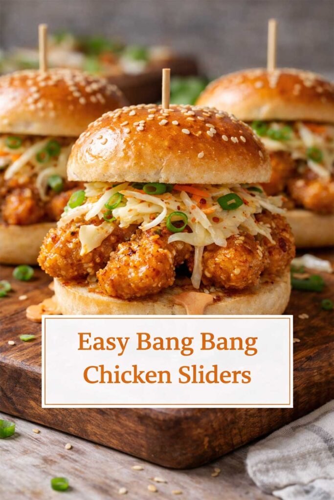 Bang bang chicken sliders on sesame buns with slaw, displayed on a wooden board with title text overlay in a centered box.