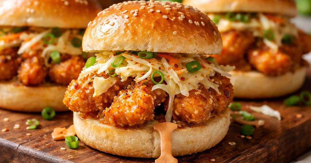 Crispy bang bang chicken sliders on sesame buns topped with creamy slaw and green onions, served on a wooden board.