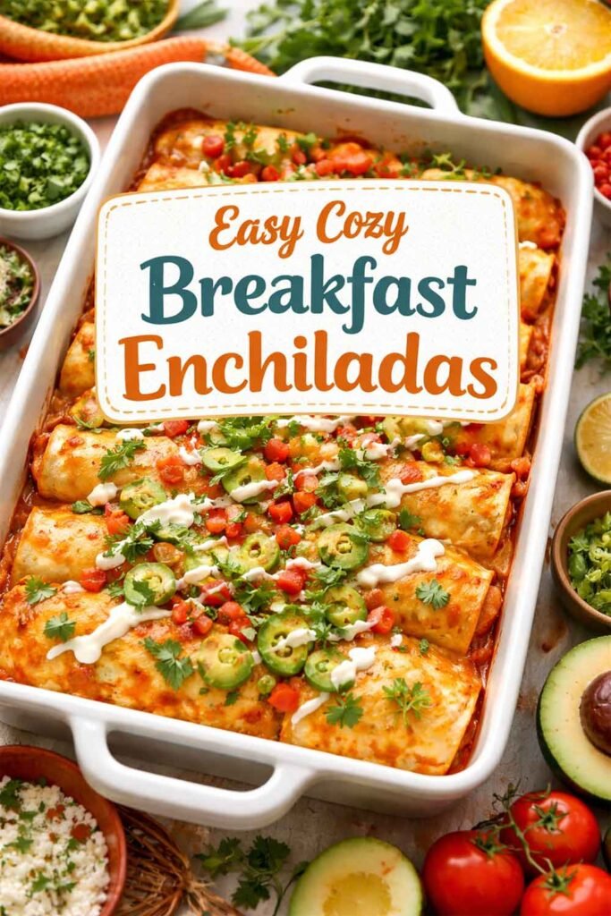 Baked breakfast enchiladas in a white casserole dish topped with jalapeños, diced tomatoes, herbs, and creamy sauce, with a centered label reading “Easy Cozy Breakfast Enchiladas.”