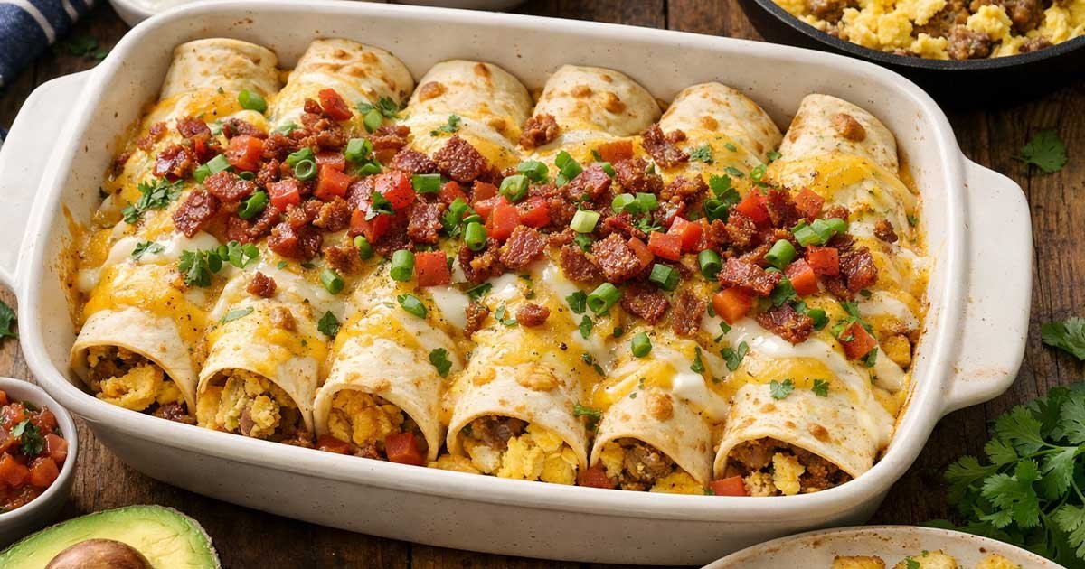 Baked breakfast enchiladas filled with scrambled eggs, sausage, and cheese, topped with crispy bacon, diced tomatoes, and green onions.