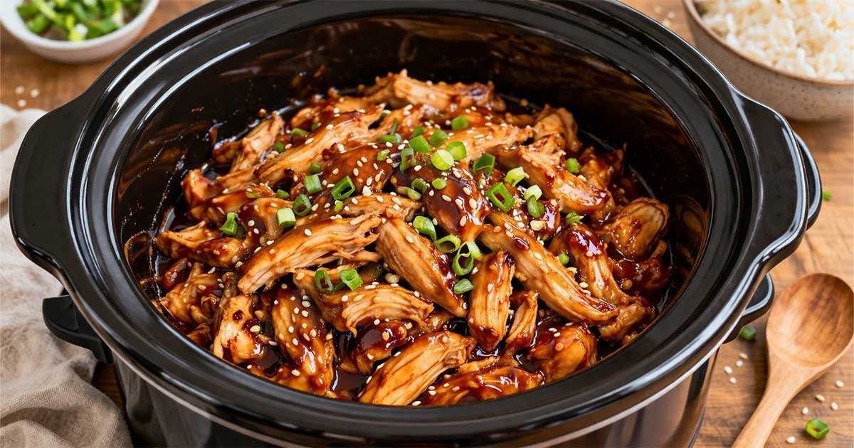 Crockpot teriyaki shredded chicken topped with sesame seeds and chopped green onions in a black slow cooker.