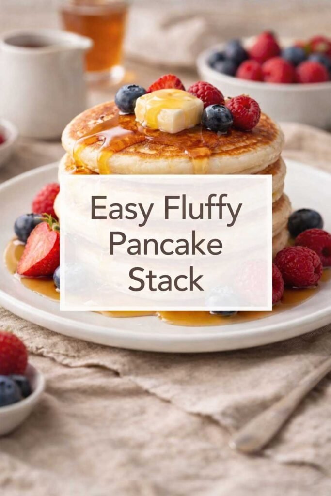 Stack of fluffy pancakes topped with butter, syrup, and fresh berries with text overlay “Easy Fluffy Pancake Stack”.
