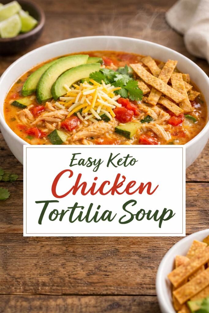 Poster-style image of keto chicken tortilla soup with title text in center box.