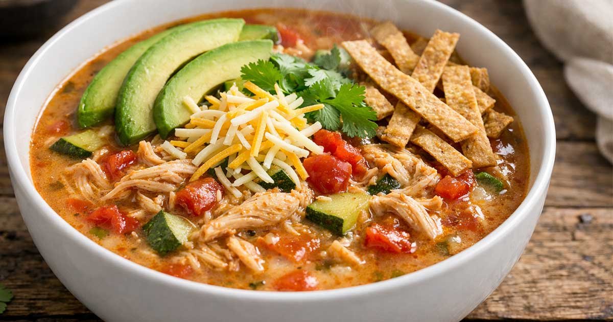 Bowl of keto chicken tortilla soup topped with avocado, cheese, cilantro, and low-carb tortilla strips.